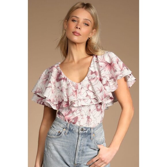 Lulus Tops - Lulus Bodysuit White Floral Print Ruffle Short Sleeve Tie Back